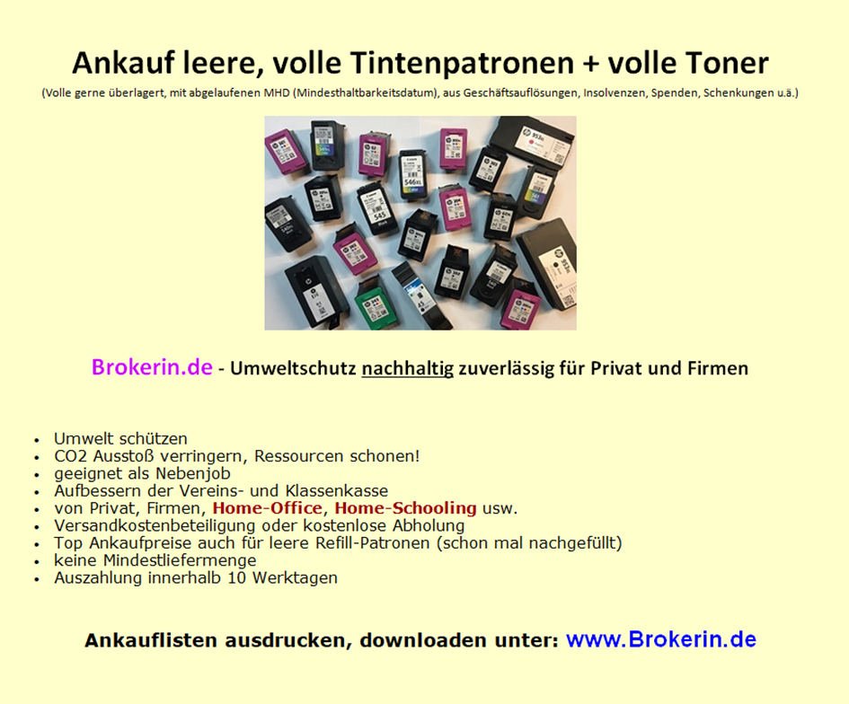 Ankauf leere Druckerpatronen, sowie volle überlagerte Toner und Patronen verkaufen hier ...